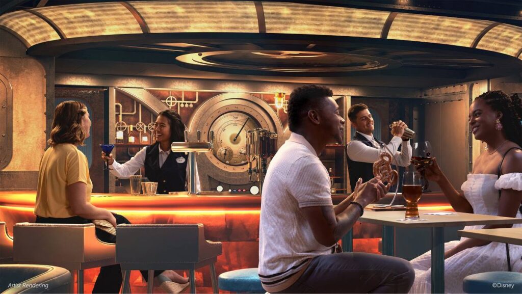 Patrons enjoy beverages and warm conversation at the Periscope Pub aboard Disney Cruise Line's Disney Treasure. The ambiance is modern yet cozy, featuring an underwater theme with a large metallic periscope and brass fittings, complemented by the soft glow of overhead lighting.