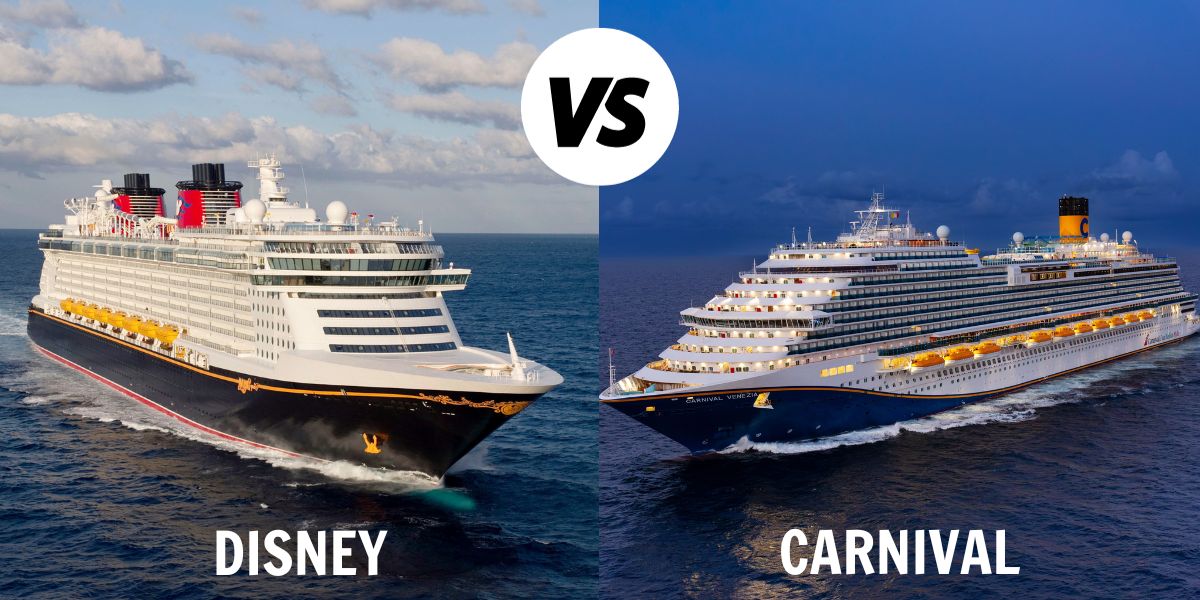 Side-by-side comparison of two cruise ships at sea, with 'Disney' labeled on the left showcasing a ship with red and black funnels, and 'Carnival' on the right featuring a ship with yellow and blue funnels, both under a clear sky.