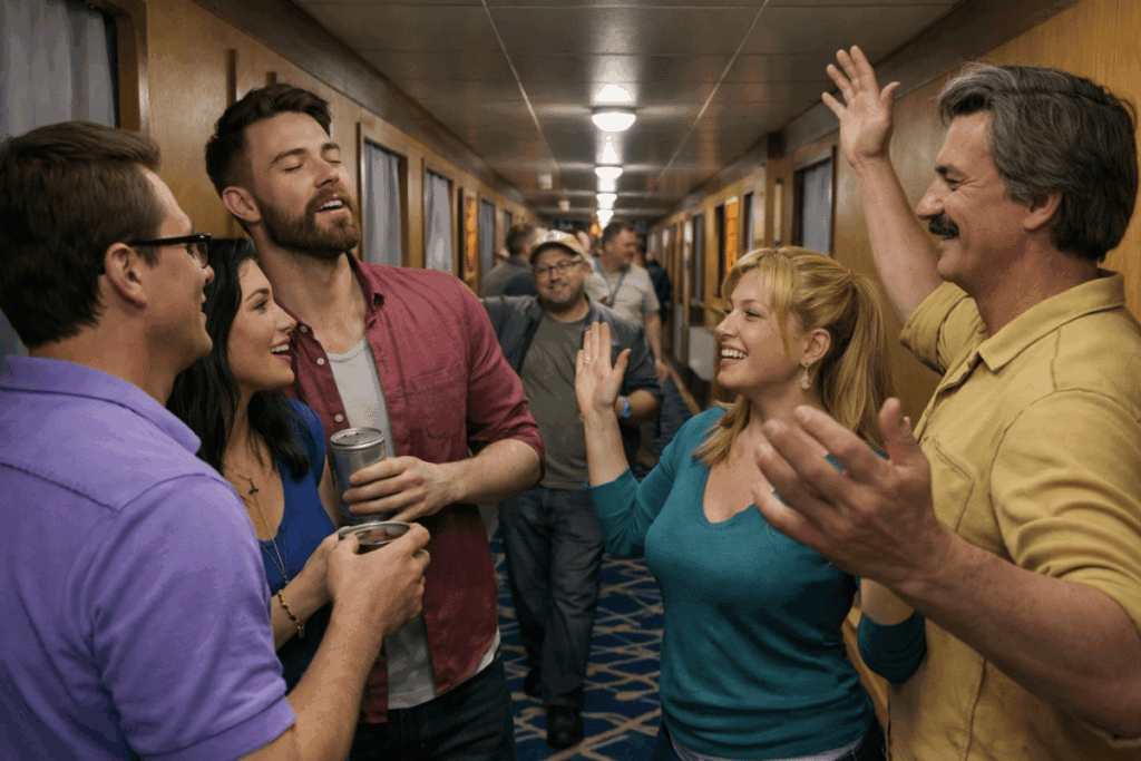 A lively interaction among a group of guests in a cruise ship hallway, where a man in a red shirt appears to be telling an animated story to his friends. The hallway is bustling with other passengers moving around, creating a dynamic and social atmosphere against the backdrop of vibrant blue carpet and wood-paneled walls.