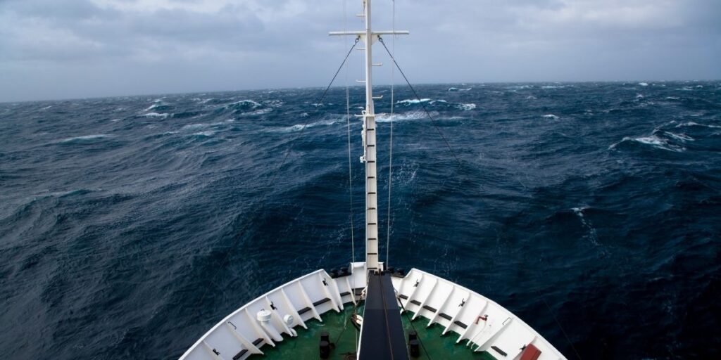 A ship crossing the Drake Shake with large waves.