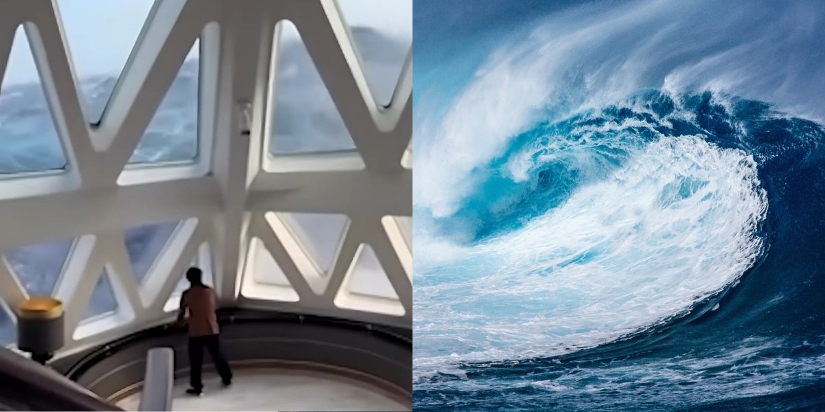 Split image showing two scenes: on the left, a person stands inside a modern cruise ship’s observation deck, staring out triangular windows as massive waves crash against the ship during rough seas; on the right, a powerful, towering ocean wave curls dramatically under a stormy sky, emphasizing the ocean’s intensity.