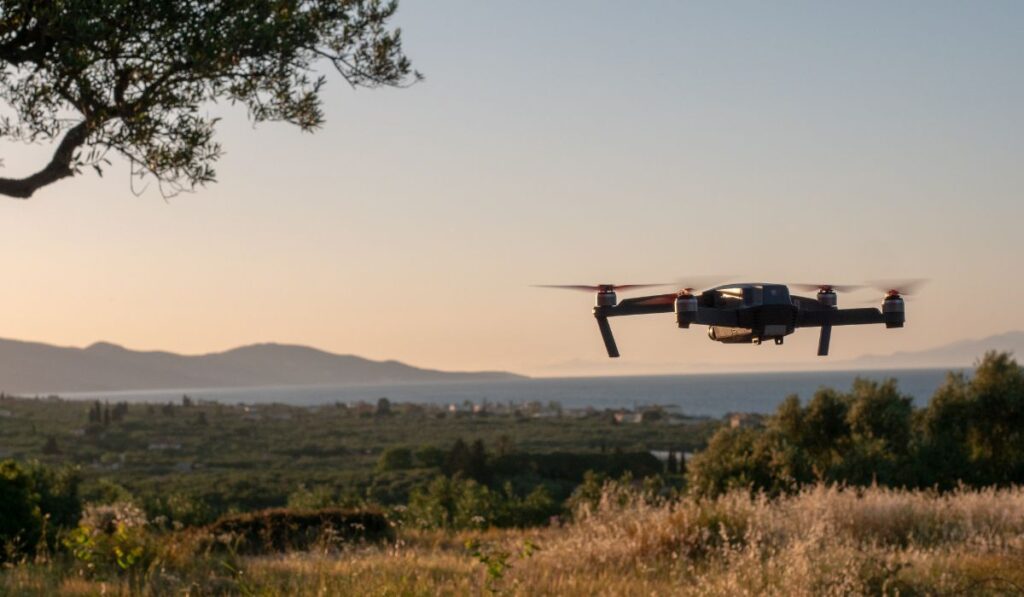 The image shows a black drone with red propellers hovering in mid-air during sunset. The background features a scenic view of a grassy field, distant hills, and a calm sea under a warm, golden sky. A tree branch frames the top left corner, adding a touch of nature to the shot.