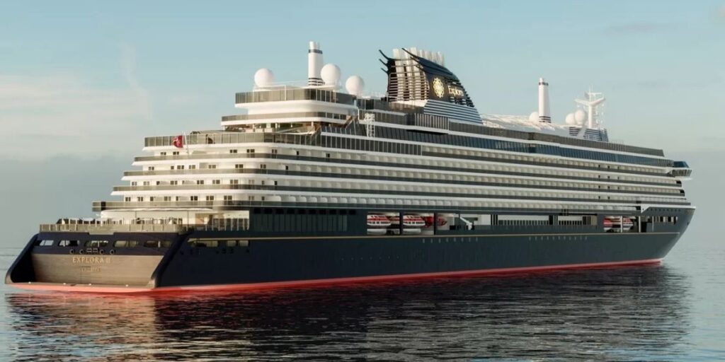 Rendering of Explora III at sea, showing the ship’s sleek dark hull, tiered suite balconies, expansive open decks, and distinctive funnel design reflected on calm water under a clear sky.