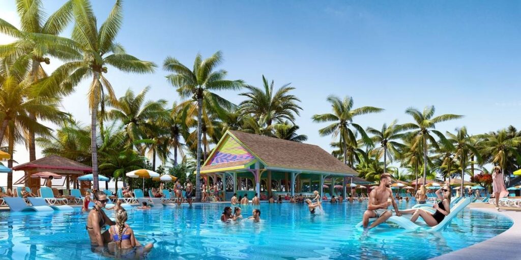 Rendering of the family pool at Royal Caribbean’s Royal Beach Club in Nassau, showing guests lounging in and around a large pool surrounded by palm trees and colorful umbrellas. A central open-air pavilion with a vibrant painted roof sits poolside, while people relax on in-water loungers and enjoy the tropical setting.