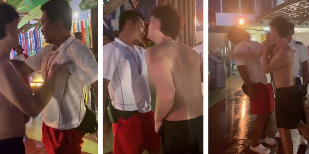 Three frames showing a confrontation between a shirtless passenger and a cruise ship lifeguard. The passenger approaches the crew member aggressively, then strikes him, causing the lifeguard to stumble backward.