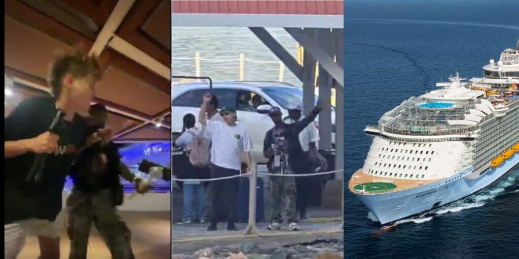 A collage showing moments from an incident aboard Royal Caribbean’s Harmony of the Seas. On the left, two men appear to argue inside the ship. In the center, a group of people stands on a dock in Roatán, with two men waving as they disembark. On the right, the large white Harmony of the Seas cruise ship sails at sea under a clear blue sky.