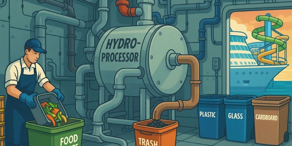 Illustrated scene of a worker in a blue uniform emptying food waste into a green bin labeled "Food Waste" beside a large industrial machine marked "Hydro-Processor." Pipes from the processor lead to a brown trash bin, and nearby blue and brown bins are labeled "Plastic," "Glass," and "Cardboard." A cruise ship with water slides is visible through an open door, suggesting this is a waste management system onboard.