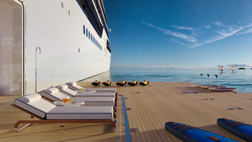 Luxurious deck area on a Four Seasons Yachts cruise ship, featuring modern sun loungers with drinks, high-end water toys like sea scooters and paddleboards, and guests windsurfing in the serene ocean beyond. The setting highlights the exclusive, resort-style amenities offered by Four Seasons Yachts.