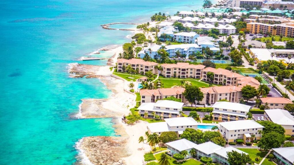 An aerial photo of George Town, Grand Cayman. Overlooking the town and the water's edge.