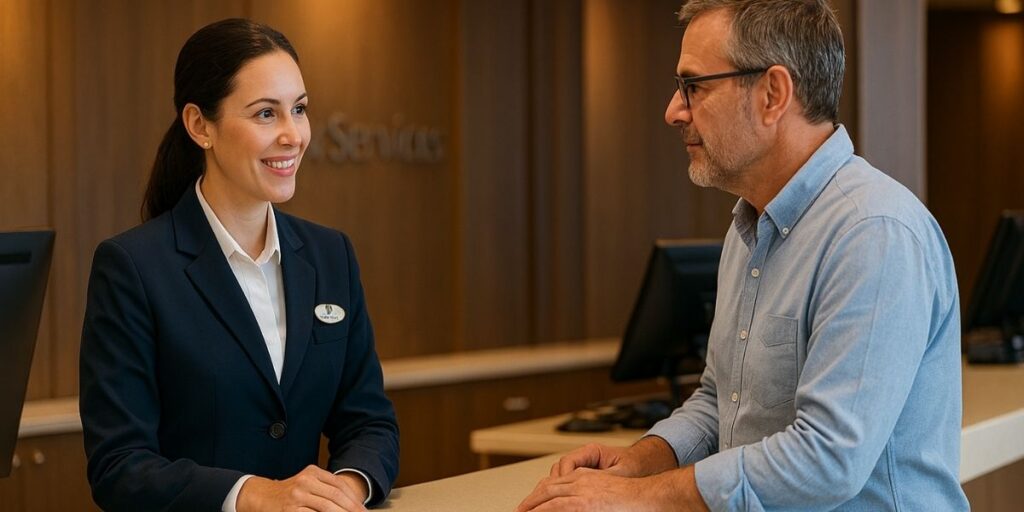 A guest services crew member in a navy uniform smiles while assisting a middle-aged male passenger at a cruise ship reception desk. The setting is modern and warmly lit, creating a professional yet welcoming atmosphere.