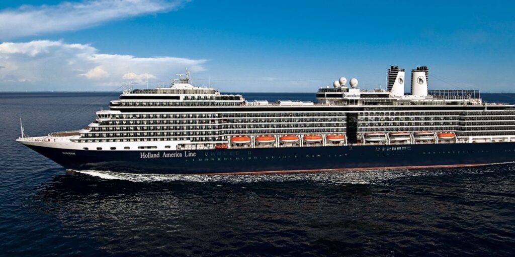 A photo of the MS Eurodam, Holland America cuise ship, sailing on the sea.