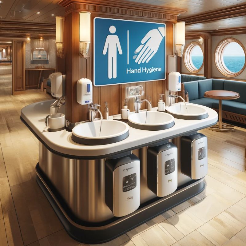A modern handwashing station on a cruise ship features multiple sinks, soap dispensers, and hand dryers. The area is marked with a large blue sign emphasizing hand hygiene, and is equipped with automatic sanitizers and paper towel dispensers. The station is set in a tastefully decorated space with wooden accents, circular windows offering ocean views, and a cozy seating area nearby.