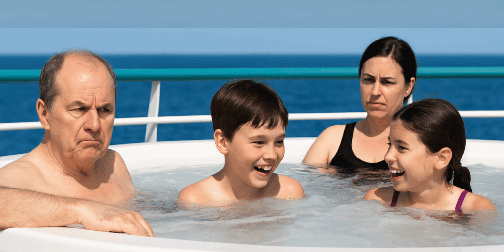 Two kids laugh and enjoy themselves in a hot tub aboard a cruise ship, while an older man and a woman sit nearby looking visibly unamused. The open ocean is visible in the background, highlighting the contrast in moods during a family moment at sea.