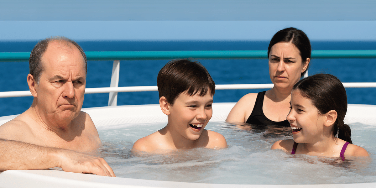 Two kids laugh and enjoy themselves in a hot tub aboard a cruise ship, while an older man and a woman sit nearby looking visibly unamused. The open ocean is visible in the background, highlighting the contrast in moods during a family moment at sea.