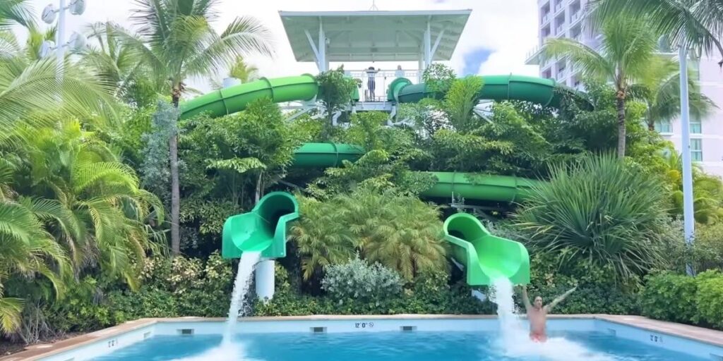A person splashes into a pool at the bottom of bright green water slides surrounded by tropical palm trees and lush greenery at a resort-style water park near a cruise port.