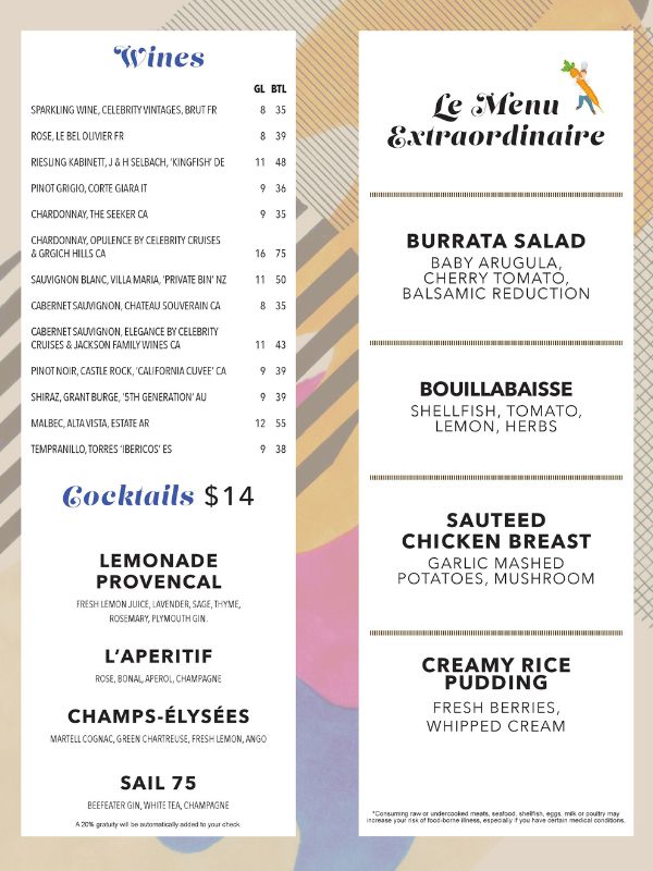 A restaurant menu from "Le Petit Chef" on Celebrity Cruises. The left section lists wines and cocktails, with wine prices by the glass and bottle, and cocktails priced at $14. Wines include sparkling, rosé, riesling, pinot grigio, chardonnay, sauvignon blanc, cabernet sauvignon, pinot noir, shiraz, malbec, and tempranillo. Cocktails listed are Lemonade Provencal, L'Aperitif, Champs-Élysées, and Sail 75. The right section features the main dishes: Burrata Salad with baby arugula, cherry tomato, and balsamic reduction; Bouillabaisse with shellfish, tomato, lemon, and herbs; Sauteed Chicken Breast with garlic mashed potatoes and mushroom; and Creamy Rice Pudding with fresh berries and whipped cream.