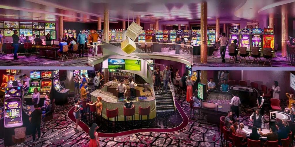 Rendering of Royal Caribbean’s new two-story casino on Legend of the Seas, featuring a central bar, slot machines across two decks, table games, and a sports bar area.