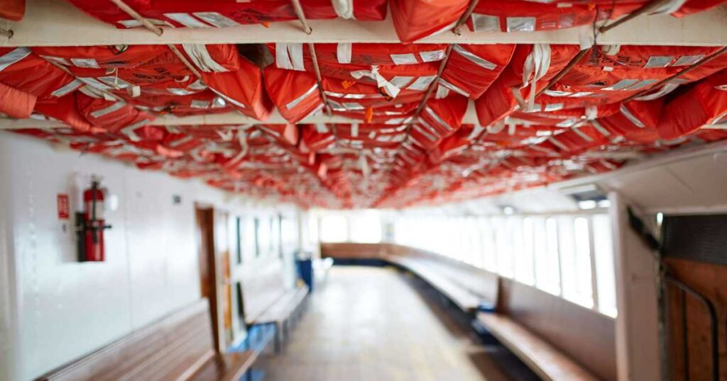 Lifejackets on a cruise ship.