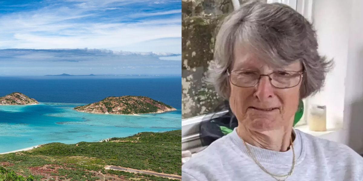 A split image showing a view of Lizard Island in Queensland, Australia, with turquoise waters and small green hills under a blue sky, alongside a photo of an elderly woman wearing glasses and a light grey sweater, who was later reported missing and found deceased after being left on the island.
