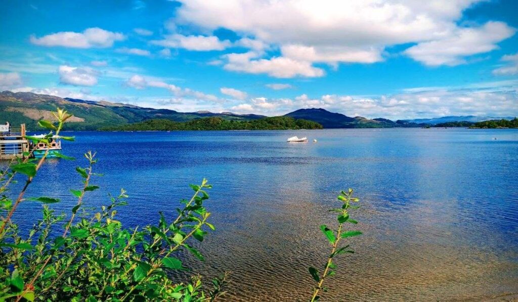 The image shows the peaceful waters of Loch Lomond on a sunny day, surrounded by lush greenery and hills in the distance. The lake's surface is calm, with a lone boat floating in the center. The foreground features some plants, adding a touch of natural beauty to the tranquil scene, while the sky above is dotted with clouds.
