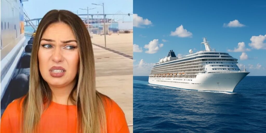 Split image showing a woman in an orange shirt grimacing with disgust while standing near a docked ship on the left, and a luxurious white cruise ship sailing in calm blue waters under a bright sky on the right—suggesting a contrast between expectations and reality of cruising as crew.
