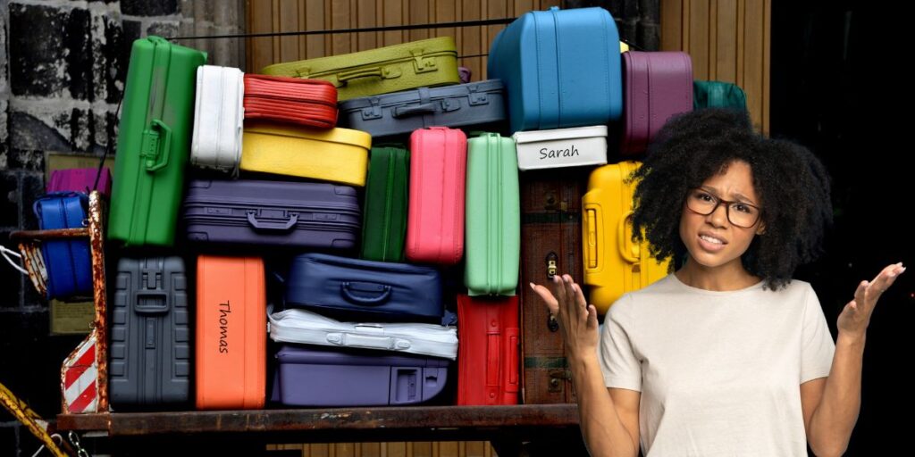 A perplexed young woman with curly hair stands in front of a towering stack of colorful suitcases, with some bearing names like 'Sarah' and 'Thomas', symbolizing the challenge of choosing the right luggage.