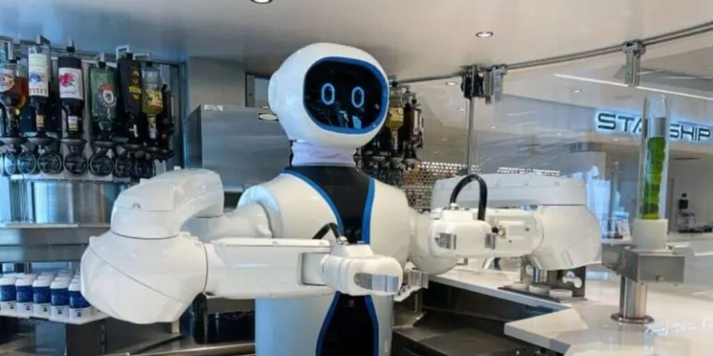 A modern robot staff present on the counter of MSC Starship Club. 