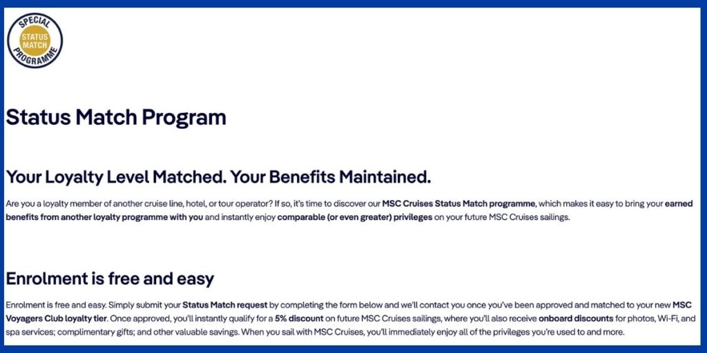 Screenshot of MSC Cruises’ Status Match Program webpage, highlighting that loyalty members from other cruise lines or travel brands can match their status and benefits with MSC. The image emphasizes free and easy enrollment and promotes perks like a 5% discount, onboard savings, and complimentary gifts once matched.