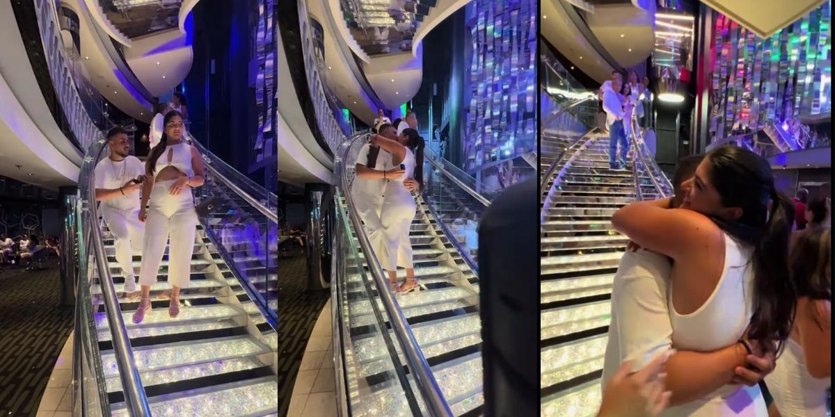 Three side-by-side images show a surprise reunion on a sparkling, LED-lit staircase inside a cruise ship. A woman in a white jumpsuit walks down the stairs, initially unaware, then emotionally embraces someone waiting at the bottom, while onlookers cheer and capture the moment. The setting features mirrored walls and dramatic lighting, enhancing the celebratory atmosphere.
