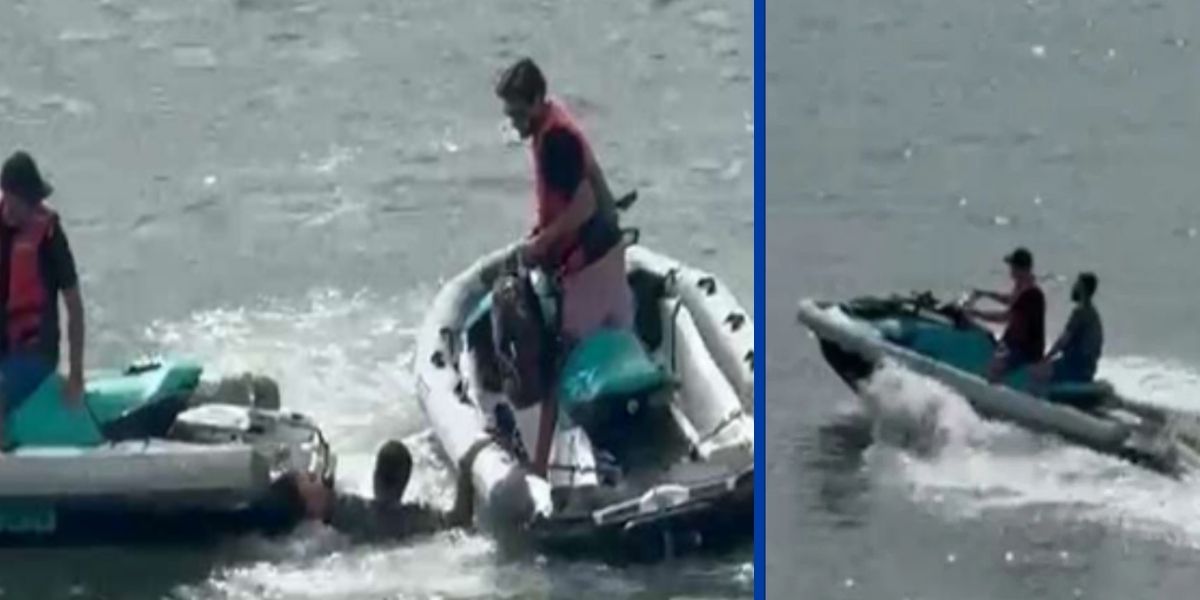 Two side-by-side images show a rescue scene on a body of water. The left image captures a person in a red life vest helping a swimmer into an inflatable rescue boat equipped with a jet ski, while another person watches from the side. The right image shows the same boat speeding away across the water with two people on board, suggesting the rescue has been completed.