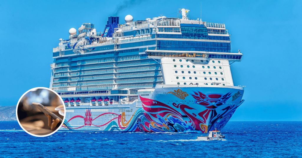 Cruise ship, with a small image of a mobile phone
