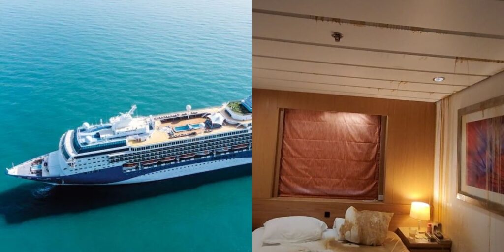 Split image showing the Marella Explorer 2 cruise ship sailing smoothly on turquoise waters, alongside a contrasting photo of a stateroom interior with severe water leaks, stained ceilings, and soaked furnishings. The image highlights reported cabin issues aboard the Marella Explorer 2 cruise ship.