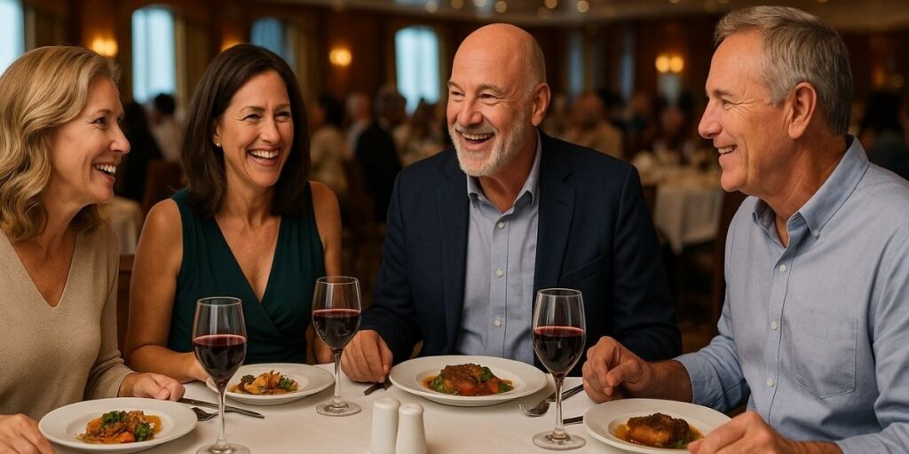 Four adults enjoy a lively dinner with wine aboard a cruise ship, seated in an elegant dining room with warm lighting and well-dressed guests in the background. The image captures the social, upscale experience of cruise ship dining.