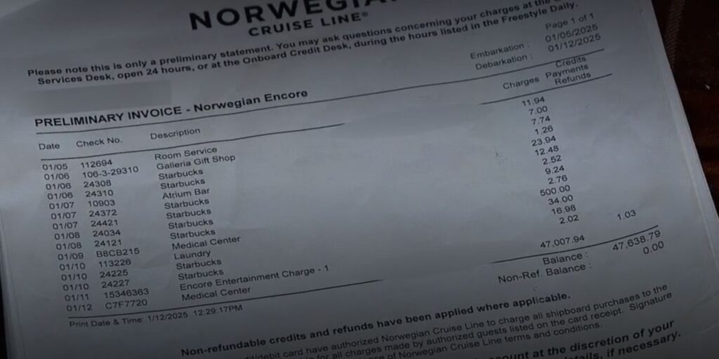 A photo of a medical bill from a cruise ship