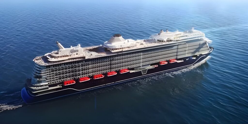 Aerial view of Mein Schiff Flow sailing at sea, showing its long, streamlined profile with tiered balconies, red lifeboats along the hull, and spacious open decks under clear blue skies.