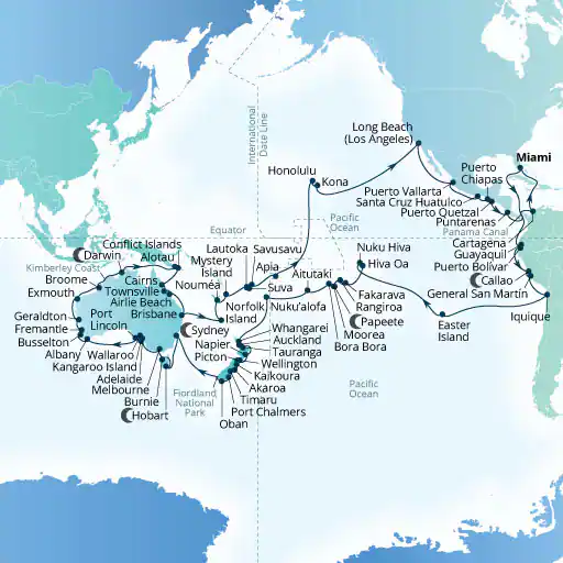 This image is a cruise route map showing a journey from Miami to Australia, with multiple stops across Central and South America, the Pacific Islands, and Oceania. Key port calls include cities such as Miami, Cartagena, Guayaquil, Easter Island, Papeete, Auckland, Sydney, and Brisbane. The map highlights ocean paths and landmasses, with clear labels for each stopover along the cruise itinerary.