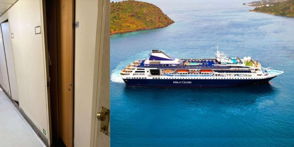 Split image showing life below and above deck on a cruise ship. On the left, a narrow, plain corridor with a cabin door slightly ajar, highlighting cramped crew conditions. On the right, the Miray Cruises ship MV Gemini sailing in bright blue waters near a green island, viewed from above.