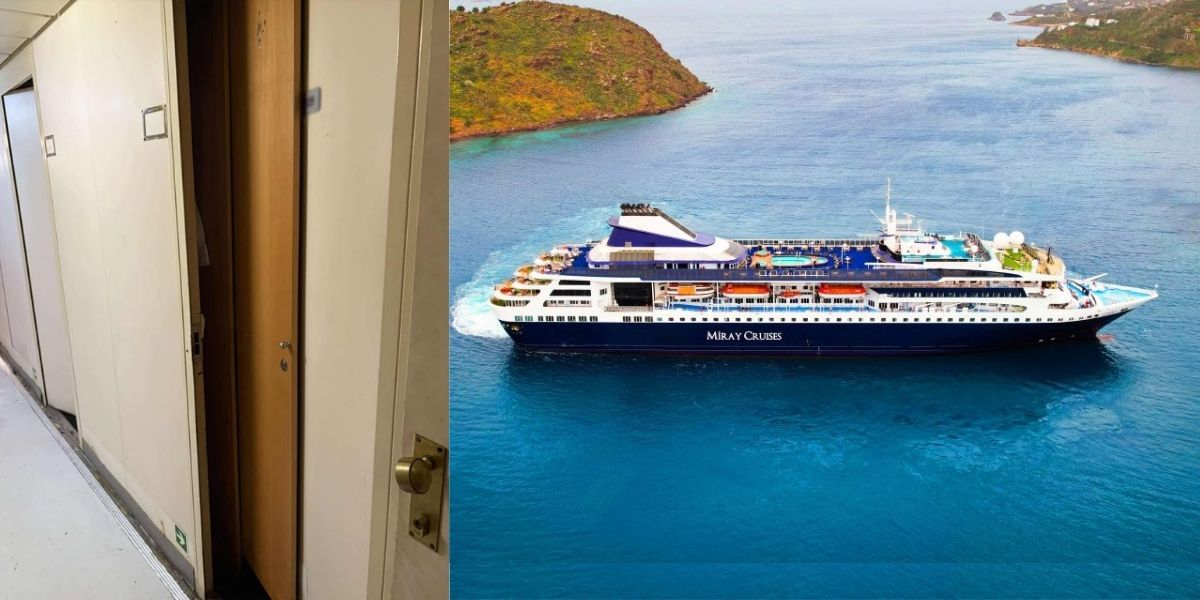 Split image showing life below and above deck on a cruise ship. On the left, a narrow, plain corridor with a cabin door slightly ajar, highlighting cramped crew conditions. On the right, the Miray Cruises ship MV Gemini sailing in bright blue waters near a green island, viewed from above.