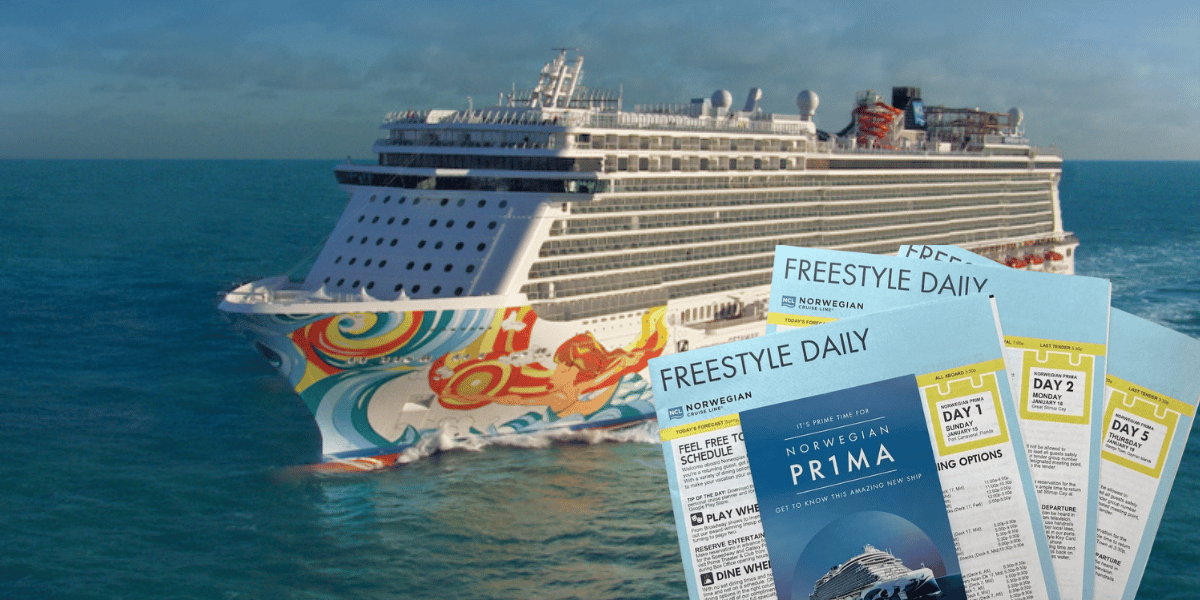 A Norwegian Cruise Line ship sails across calm blue water with its colorful hull art visible. In the foreground, several printed Freestyle Daily newsletters for Norwegian Prima are shown, representing the cruise line’s shift from paper programs to digital versions.