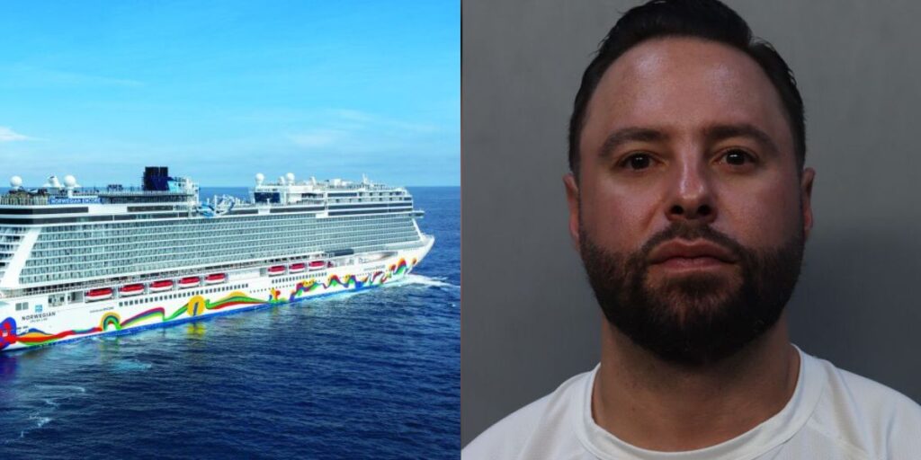 Split image with Norwegian Encore cruise ship at sea on the left and a mugshot-style photo of an adult male on the right.