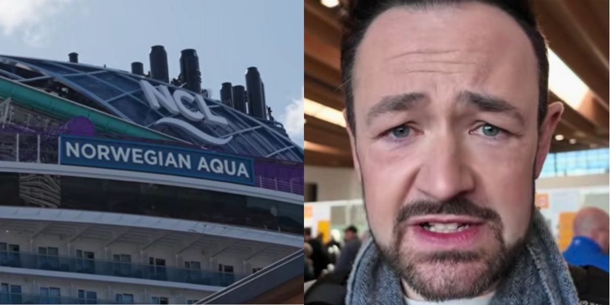 Split-image showing two contrasting scenes: on the left, the upper deck and funnel area of the Norwegian Aqua cruise ship with the NCL (Norwegian Cruise Line) logo clearly visible, and signage reading “NORWEGIAN AQUA”; on the right, a close-up of a concerned-looking man inside what appears to be a cruise terminal or airport, with people and signs blurred in the background.