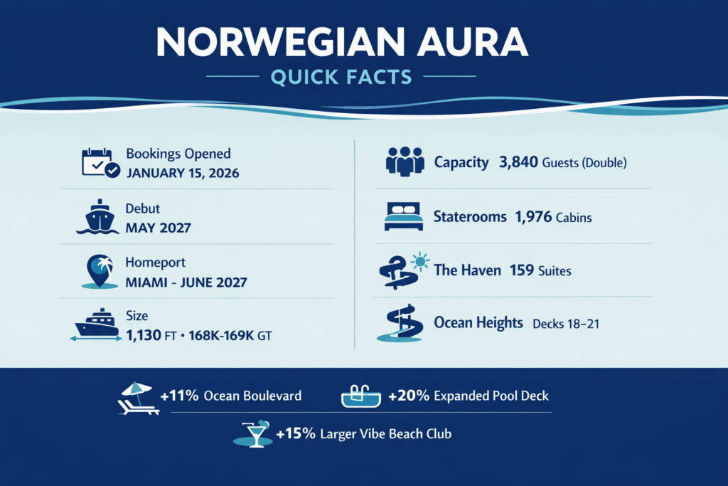 Norwegian Aura quick facts: debut 2027, Miami homeport, 3,840 guests, 1,976 staterooms