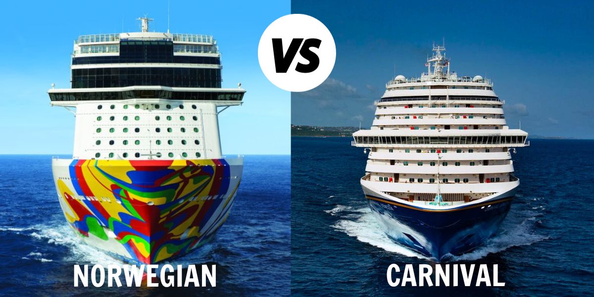 A side-by-side comparison of a colorful Norwegian cruise ship and a blue and white Carnival cruise ship, with the text 'Norwegian vs Carnival' indicating a comparison or rivalry between the two cruise lines.