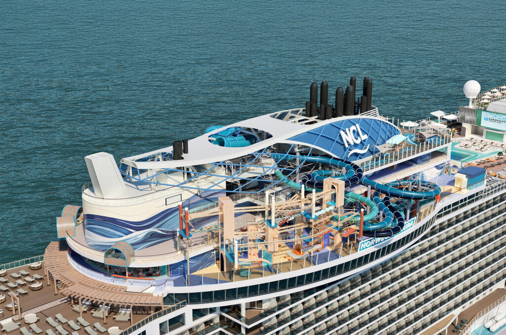 Rendering of Norwegian Aura Ocean Heights top deck waterslides and activity area.