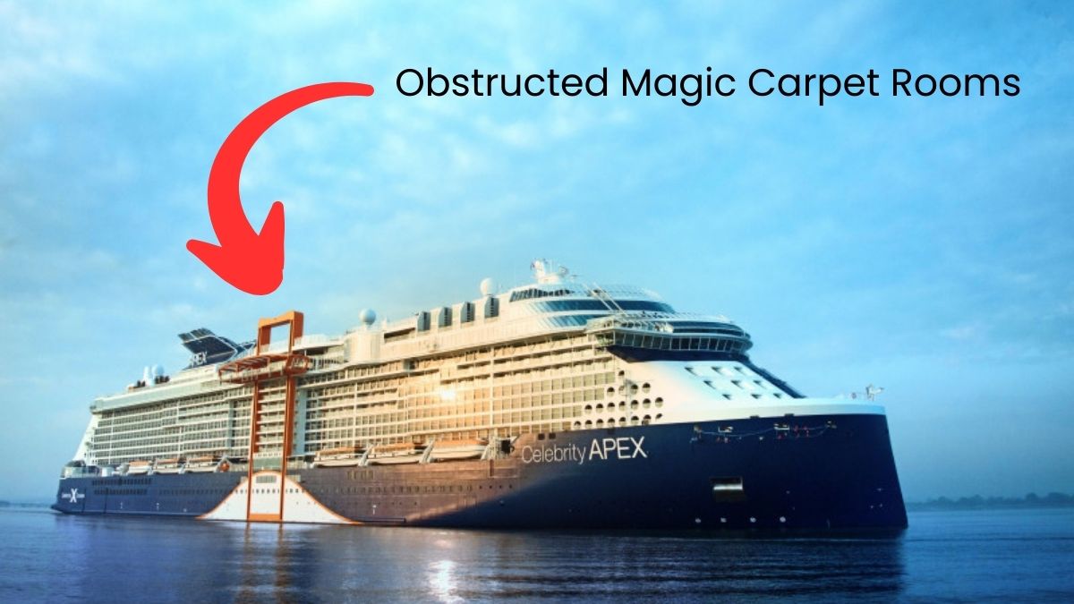 A photo of the Celebrity Apex with an arrow pointing at the obstructed Magic Carpet rooms