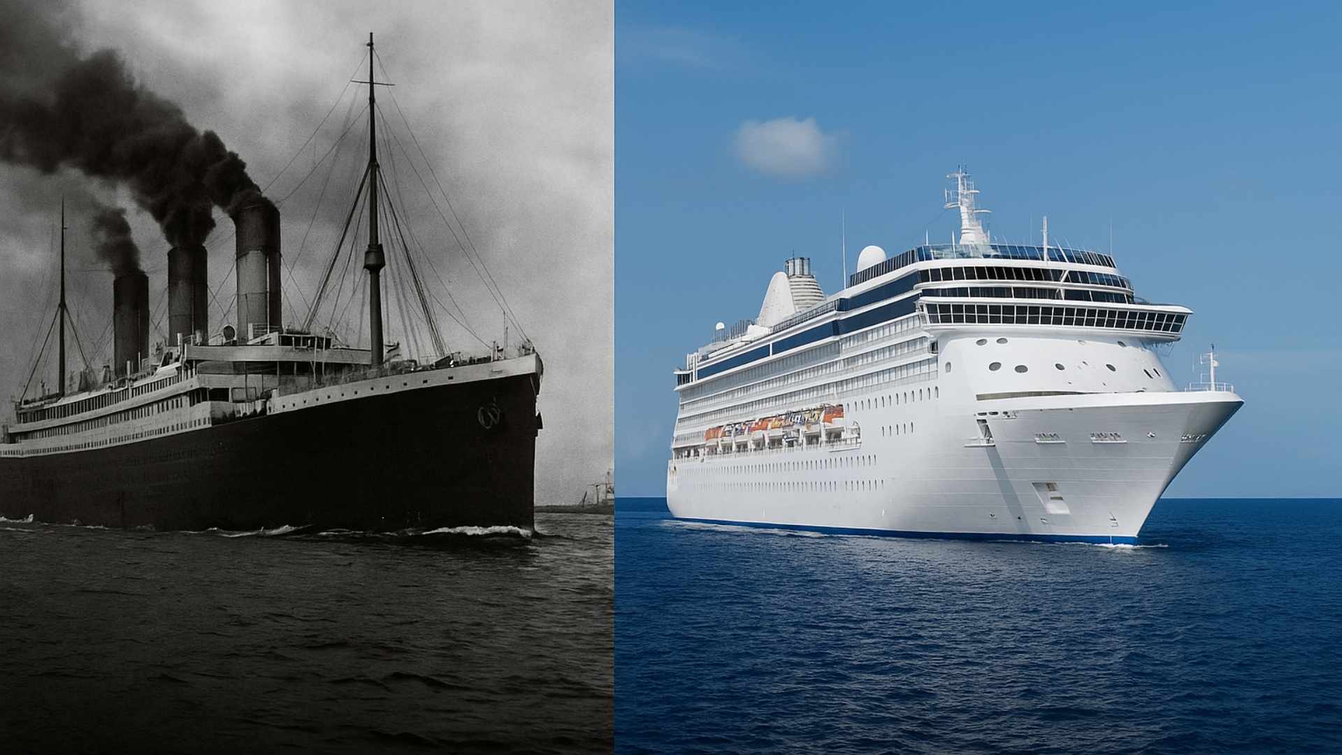 This split-image shows a stark contrast between two eras of ocean travel. On the left, a black-and-white photo of a historic steamship—likely modeled after the Titanic—emits thick smoke from its towering funnels under a moody sky. On the right, a modern white cruise ship sails under clear blue skies, featuring sleek, rounded edges, balconies, and expansive decks that highlight advancements in design, technology, and luxury.
