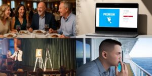 Collage of outdated cruise traditions: guests dressed formally while dining together, a laptop screen displaying a premium internet package, a man looking thoughtfully out to sea from a ship's balcony, and a cruise art auction with a painting on display. These images highlight activities or offerings that may feel dated to modern cruisers.