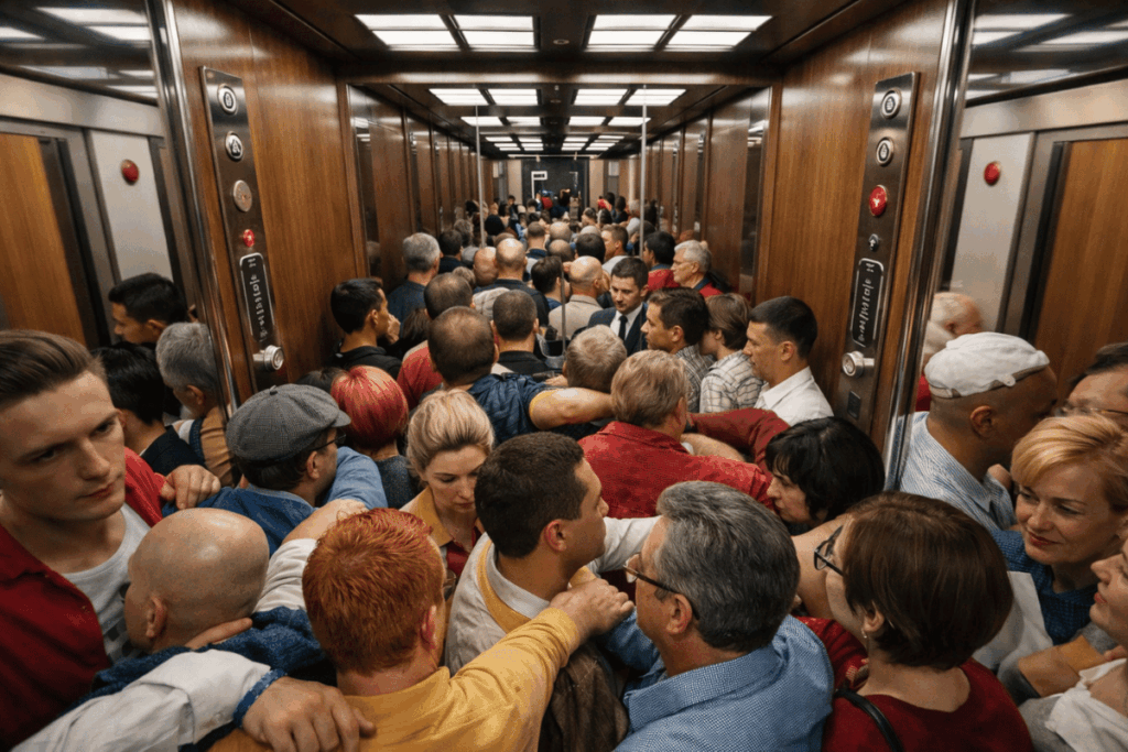 A crowded scene inside a cruise ship elevator with numerous people tightly packed together. The passengers, displaying a variety of expressions from concern to casual conversation, fill the wood-paneled elevator, reflecting a diverse group in a confined space.