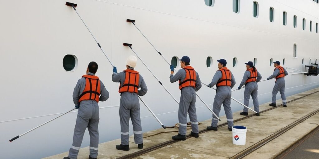 A line of workers in matching gray uniforms and orange safety vests use long-handled rollers to paint or clean the white hull of a large cruise ship docked at a port. A white bucket with a blue and red logo sits nearby on the ground.