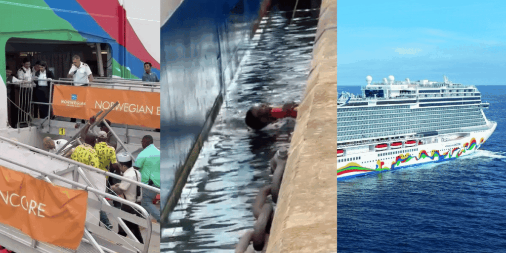 A sequence of three images showing a rescue beside Norwegian Encore. The first image shows crew members and port staff lowering a ladder near the gangway. The second image shows a man in the water between the ship and the pier holding onto the dockside edge. The third image shows Norwegian Encore sailing at sea.